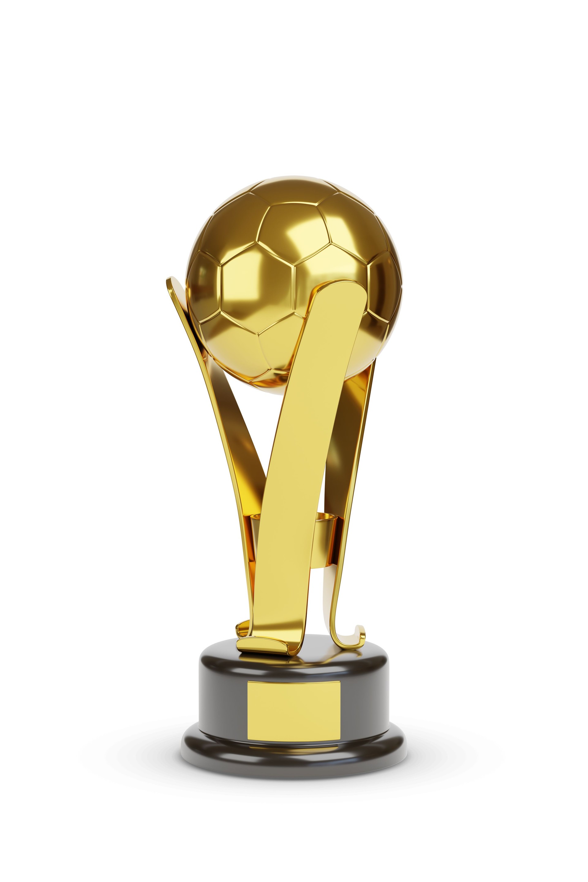 Golden soccer trophy in the shape of a ball isolated on white background. 3d illustration